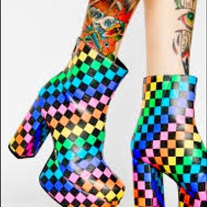 Rainbow Checkered Platform Boots Size 8